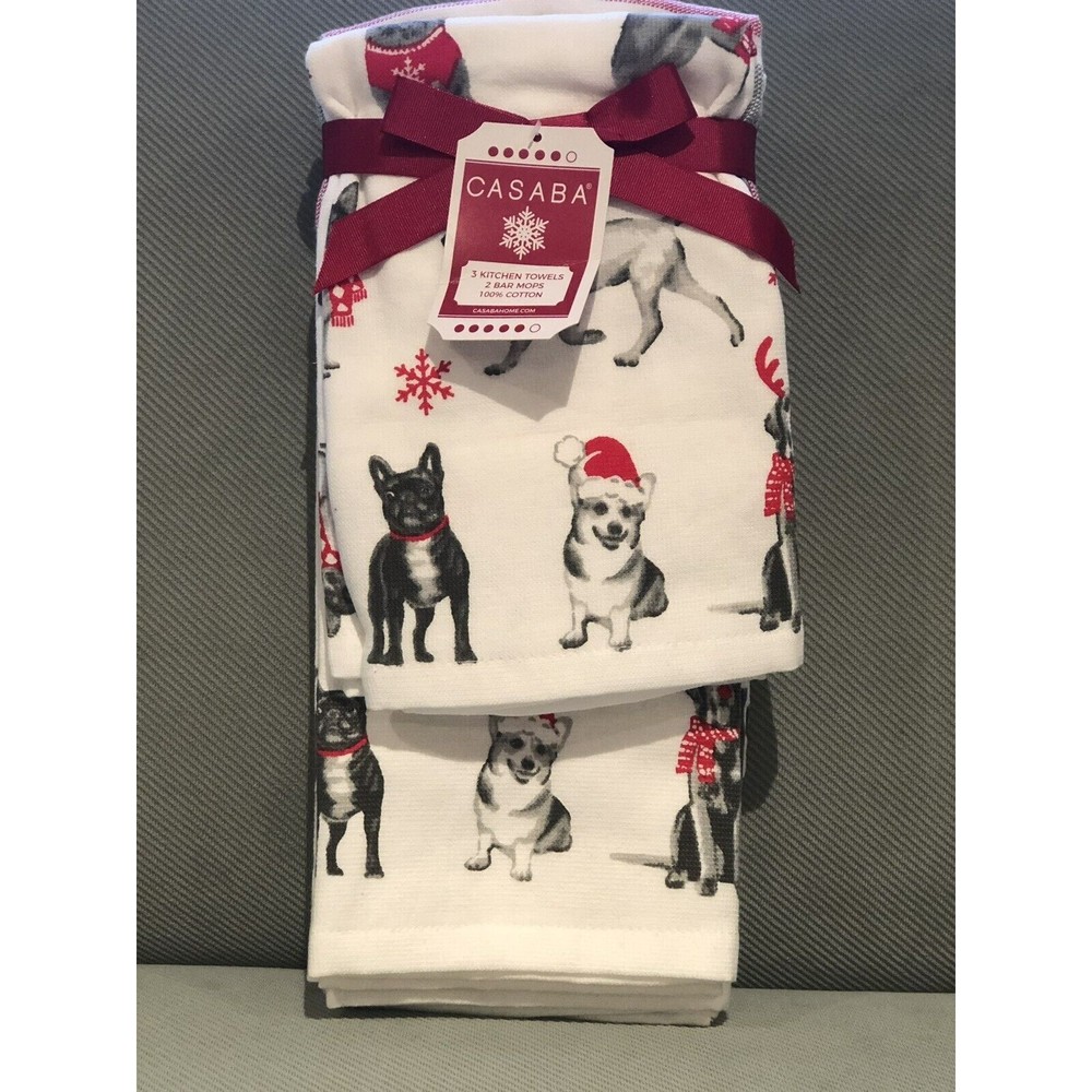Casaba Christmas Dogs 5 Piece Kitchen Towel Set Holiday Kitchen Towels/Bar Mops